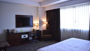 莱昂马约尔广场假日酒店&度假村的酒店客房配有一张床、一张书桌和一台电视。