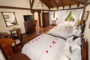 巴尼奥斯萨马力Spa度假酒店的一间卧室配有4张白色床,并装饰有红色的鲜花。