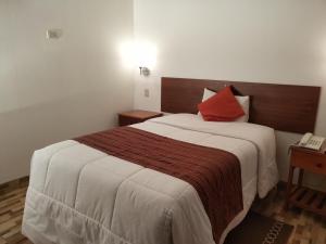 马丘比丘Viandina Machupicchu的酒店客房设有一张带红色枕头的大床