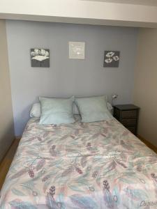 安格勒Cathy的一间卧室配有一张带五颜六色棉被的床