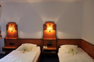 纽伦堡Hotel Höfler B&B的两张床铺,房间有两个灯