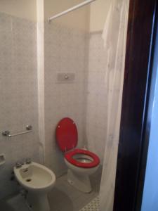 巴迪亚普拉塔基利亚Albergo Giardino的一间带红色卫生间和水槽的浴室