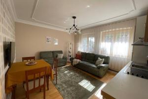 普里什蒂纳Cozy apartment in the center of Prishtina的客厅配有沙发和桌子