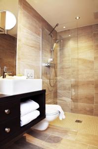 苏黎世CITY STAY - Kieselgasse的带淋浴、卫生间和盥洗盆的浴室