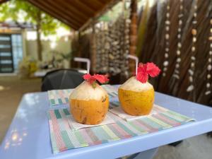 图杜Manta Stay Thoddoo, Maldives的两个椰子坐在桌子上