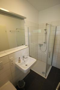 费尔堡Zimmervermietung am Habsberg的白色的浴室设有水槽和淋浴。