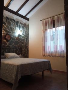 阿达莱斯La solana de turon. El pino的一间卧室设有一张床和石墙