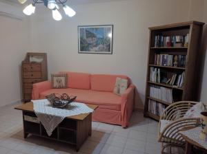 萨尔蒂Magdalena & Bambino apartments的客厅配有粉红色的沙发和书架