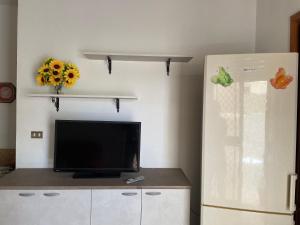 皮佐Villa Orietta的客厅配有冰箱旁的平面电视