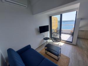 赫尔采格诺维Panorama Apartments的客厅设有蓝色的沙发和大窗户