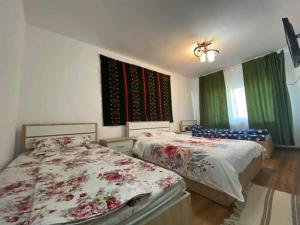 IsvernaAgropensiune Turistica Maria的卧室内的两张床,配有绿色窗帘