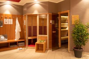 萨尔巴赫Hotel Auwirt Zentrum的带淋浴和盆栽的浴室