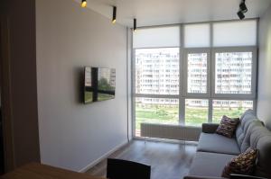尤日内Kokos Avenue Loft Apartments的带沙发和大窗户的客厅