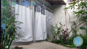 帕拉蒂Camping Conforto Ypê Branco的白色窗帘和一些植物的窗户