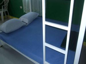 阿拉米诺斯RAVARA NATIVIDAD PENSION HOUSE的配有蓝色床垫的双层床,毗邻梯子