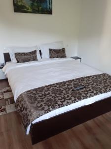 布朗Casa Moșoiu的一张带棕色和白色棉被的大床