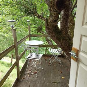 BoutxCabane dans un pommier的一张桌子和两把椅子,坐在一个有树的门廊上