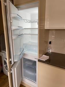 伊格纳利纳IGNALINOS APARTAMENTAI的厨房里空着冰箱,门开