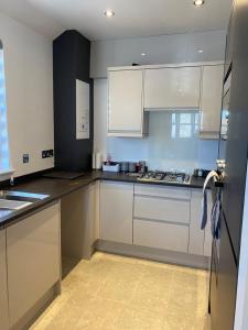 特鲁罗APARTMENT 7, THE CATHEDRAL VIEW的厨房配有白色橱柜和冰箱。