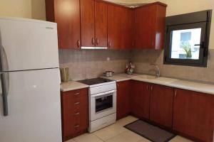 斯卡拉福卡斯Maria's house apartment in skala Fourkas的厨房配有木制橱柜和白色冰箱。