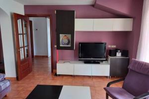 普拉加德阿罗Casa céntrica en Platja d'Aro, a 5min de la playa的客厅设有紫色墙壁和电视。