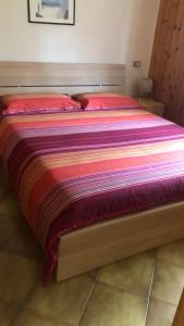 帕索圣佩莱格里诺Rododendro Apartment的一张大床,上面有五颜六色的毯子