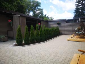 帕兰加Poilsio namelis的庭院设有围栏,还有一些灌木和树木