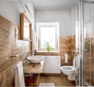 索普隆Florand Rooms&Wine的一间带水槽和卫生间的浴室以及窗户。