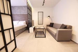 雅典K58 Luxury Apartment Monastiraki Metro Station Acropolis Jacuzzi的客厅配有沙发和1张床