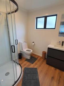 上哈特Modern 1 bedroom guest house的带淋浴、卫生间和盥洗盆的浴室