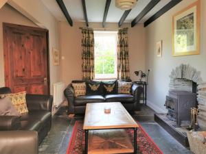 LlanfyrnachWellstone Cottages - Jasmine的客厅配有皮革家具和壁炉
