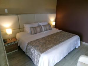 萨兰托Hotel Salento Plaza的一间卧室配有一张带两盏灯的大型白色床。