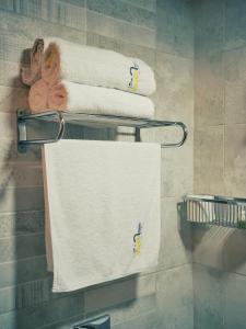 阿卡Shafika house的浴室毛巾架上的一组毛巾