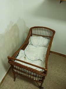CabacésCasa la Canal的客房内的带枕头的柳条婴儿床