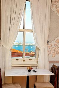 伊斯坦布尔Meroddi Barnathan Hotel的窗户配有桌子,享有海景