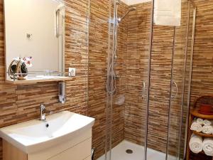 锡比乌Studio Piata Mare apartments的一间带水槽和玻璃淋浴的浴室