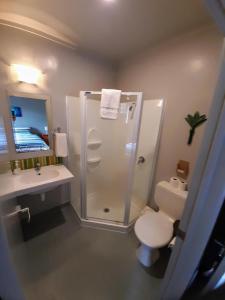 皮哈皮哈海滩旅馆的带淋浴、卫生间和盥洗盆的浴室