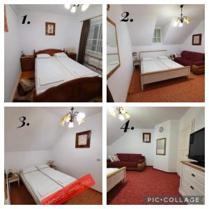 索瓦塔Pensiunea Laba Ursului - Medveláb Vendégház的一张床位的房间和带电视的房间四张不同的图片