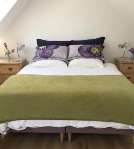 皮特洛赫里The Loft at Craiglea的一间卧室配有一张带绿毯和枕头的床。
