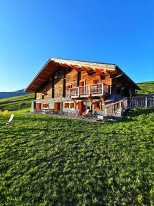 欧特吕斯Chambres et Tables d'Hôtes Le Choton à Nono - Col du Joly Beaufortain的草场上的大型小木屋