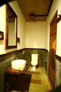 埃拉埃拉奥克利奇小屋酒店的一间带卫生间、水槽和镜子的浴室