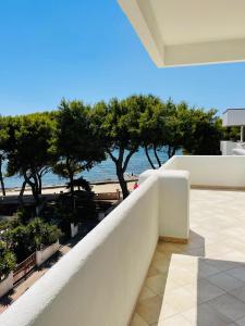 加利波利Attico Margherita - LA TERRAZZA SUL MARE的享有海滩和树木景致的阳台