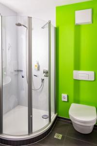 布拉河畔的海登海姆赫希酒店的绿色浴室设有淋浴和卫生间