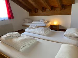 安德马特Berggasthaus Piz Calmot的带窗户的客房内的3张白色床
