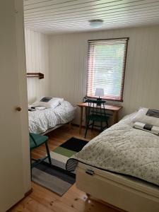 Munka-LjungbyFyrvägen 13 'Ydermossa' NEW!的一间卧室设有两张床、一张桌子和一个窗口