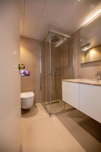 下皮尔戈斯提洛斯海滩酒店的带淋浴、卫生间和盥洗盆的浴室