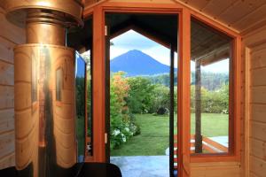 鸣泽市abrAsus hotel Fuji的透过玻璃门可欣赏到山景