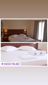 弗赖Kasos Palace的两张带两张床的酒店客房的照片