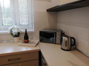 什奇特诺Leśny Apartament II的厨房柜台配有微波炉和一瓶葡萄酒