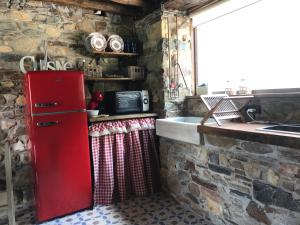TrevíasEl Horreo deI Sol的厨房配有石墙内的红色冰箱